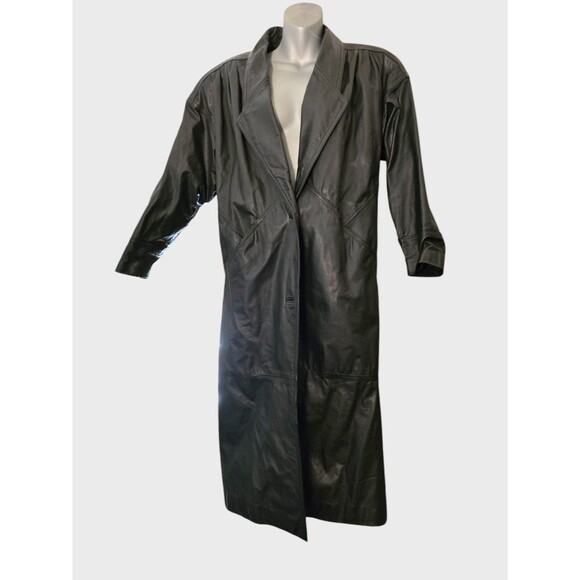 VTG Express Black Leather Trench Coat Shoulder Pads Petite SZ 12? MISSING BUTTON - Picture 1 of 12